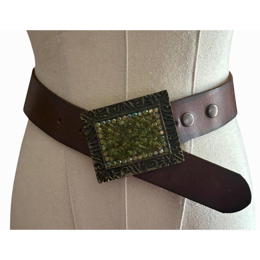 Genuine Leather Belt with Peridot Green Stone Chip Buckle Boho Western Belt